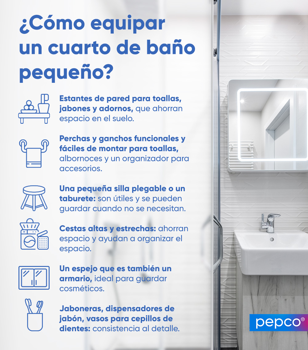 Infografía de Pepco sobre la elección de los adornos y accesorios para un cuarto de baño pequeño
