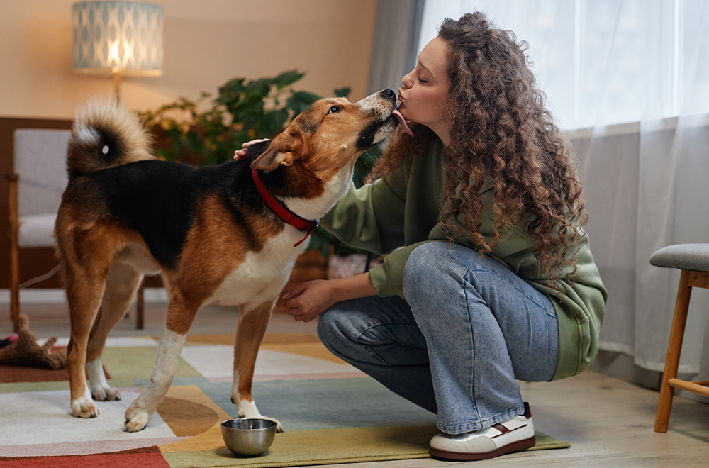 Mujer con perro en el apartamento.